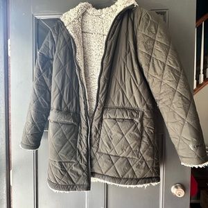 Olive green Reversible coat made from recycled plastic bottles,